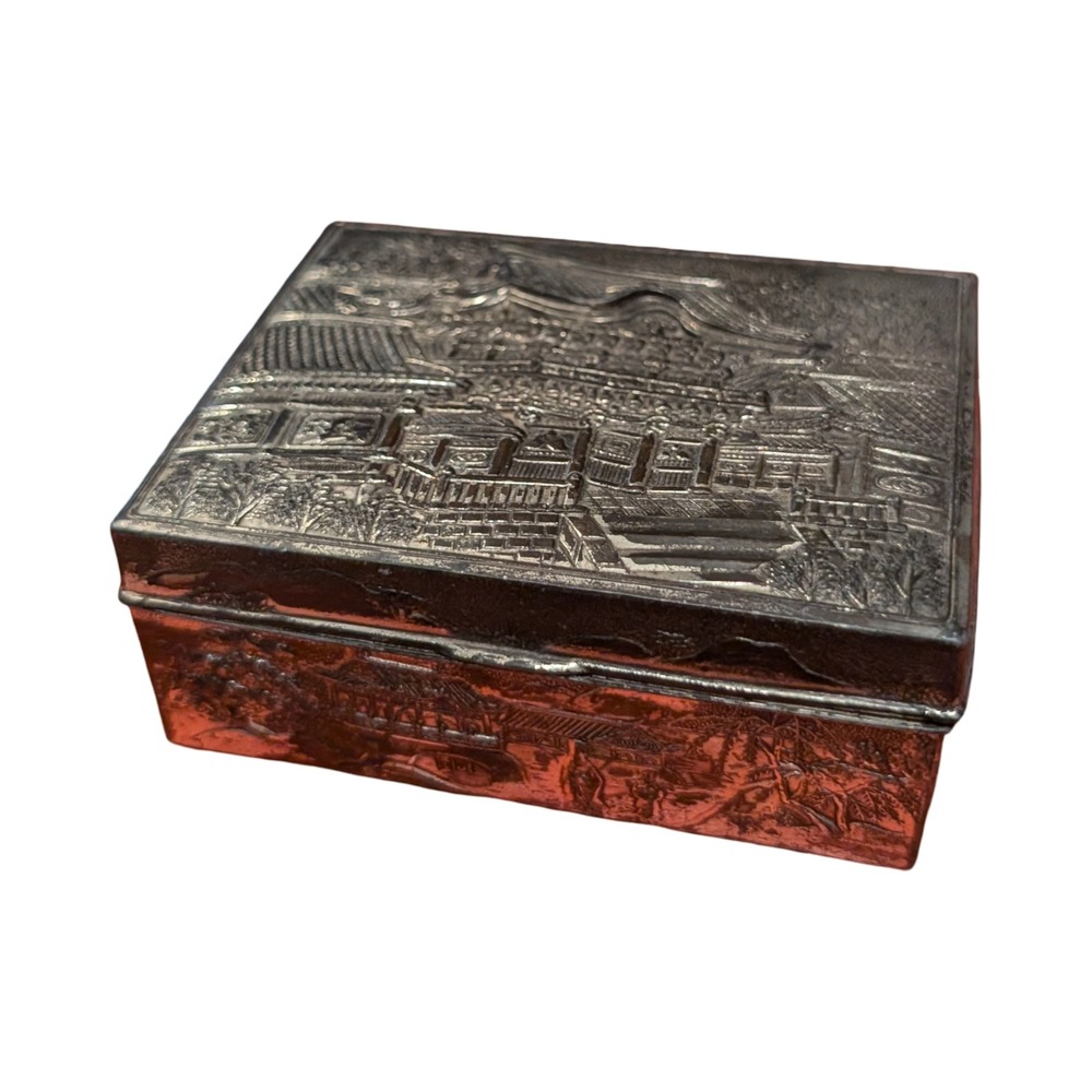 Vintage Japanese Mixed Metal Trinket Box Repousse Scenic‎ Temple Wood Lined